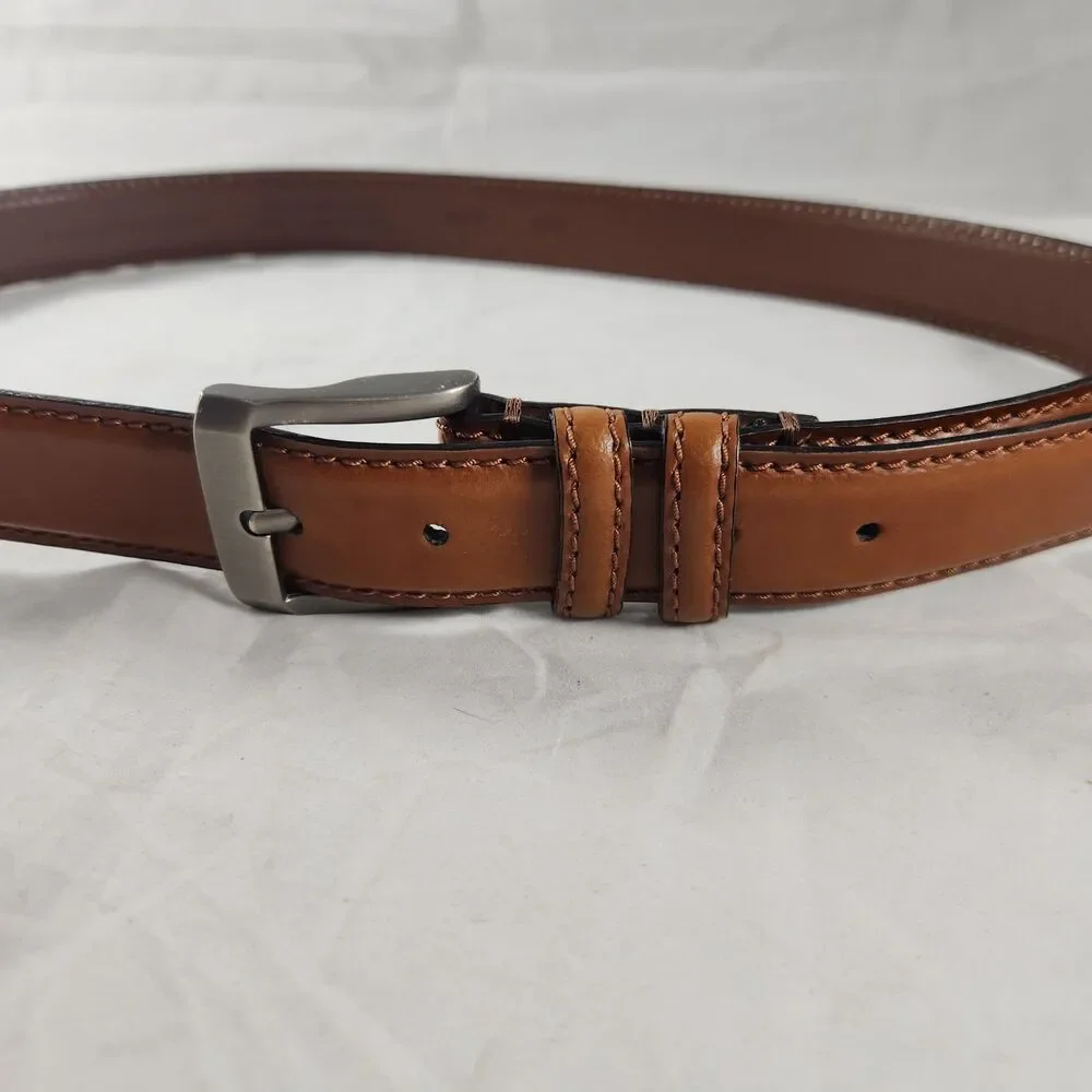 Men's 42 Handmade Italian Brown Leather Dress Belt Stitched Buckle Fits 38.5-43